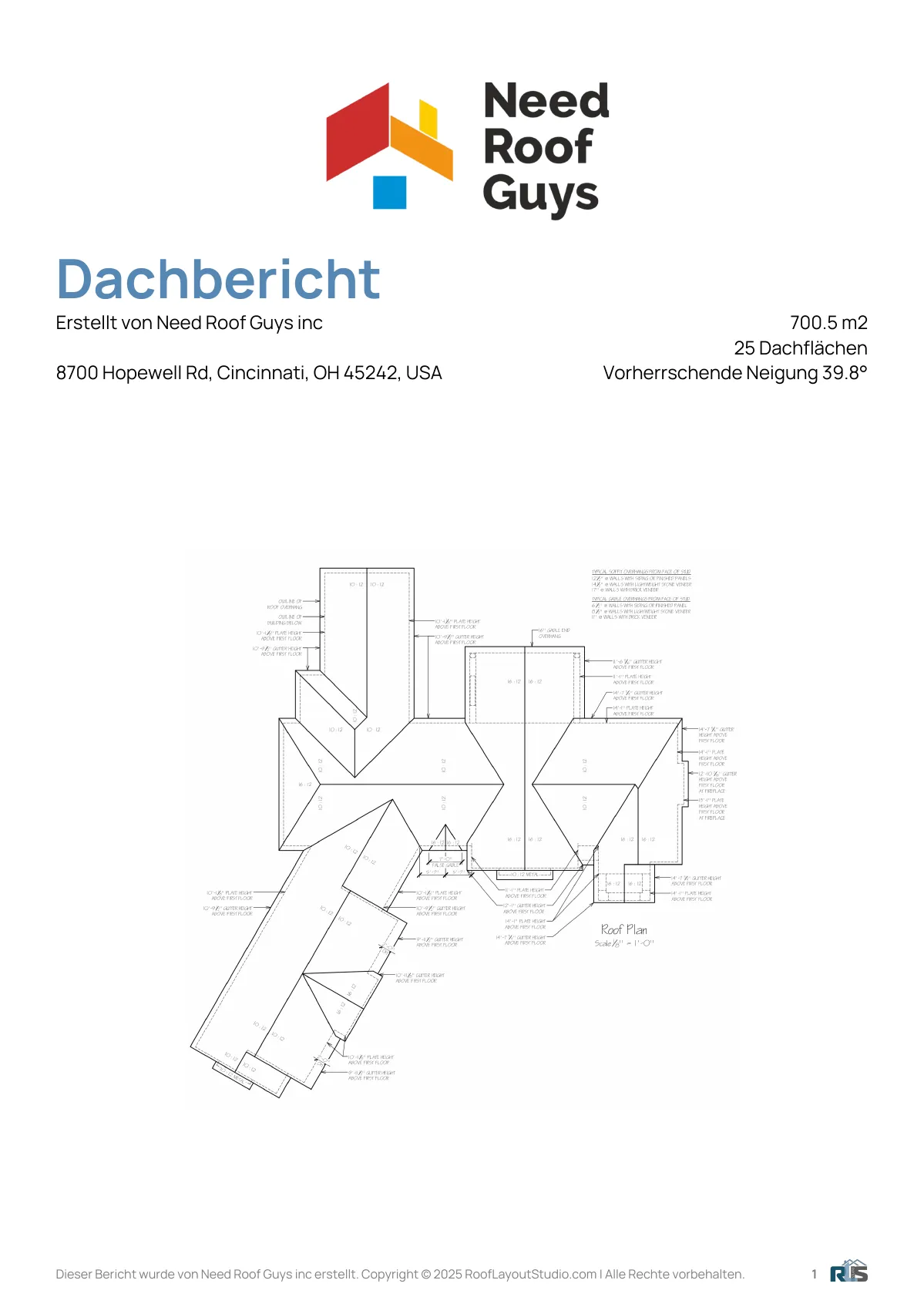 Vorschau der ersten Seite eines Roof Layout Studio Dachberichts: Übersicht der Dachflächen mit Flächeninhalten, Neigungen und Sparrenfaktoren.