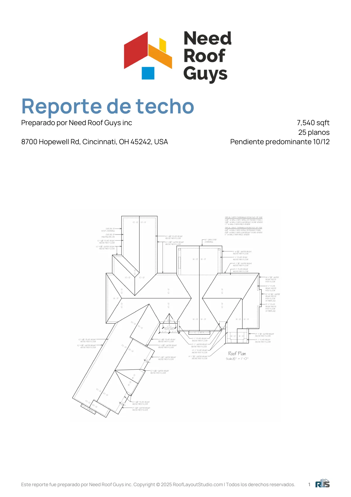 Vista previa de la primera página de un informe de Roof Layout Studio: lista de secciones del techo con áreas, ángulos y coeficientes de pendiente.