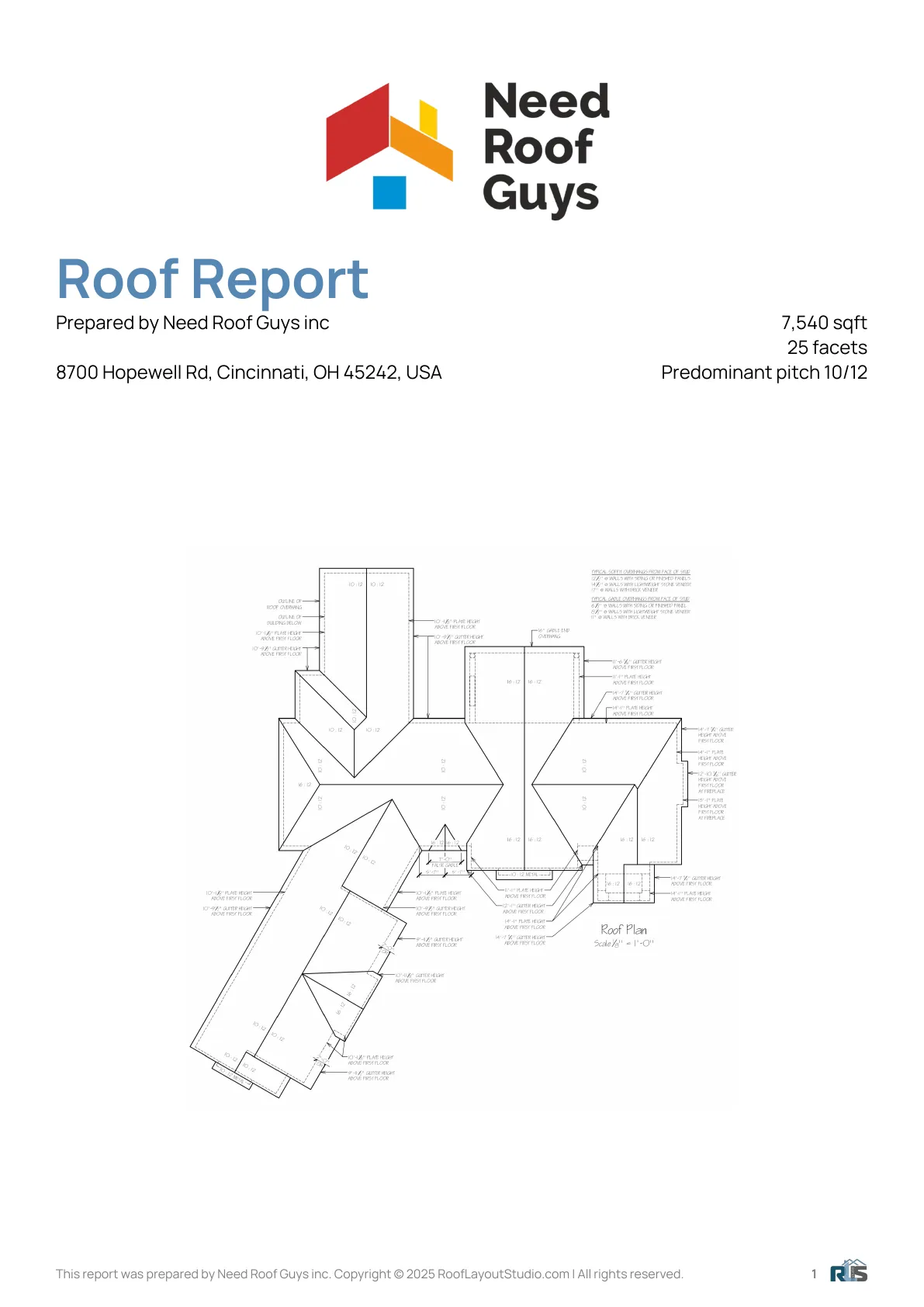 Preview of the first page of a Roof Layout Studio roof report: list of roof facets with areas, slope angles, and pitch coefficients.